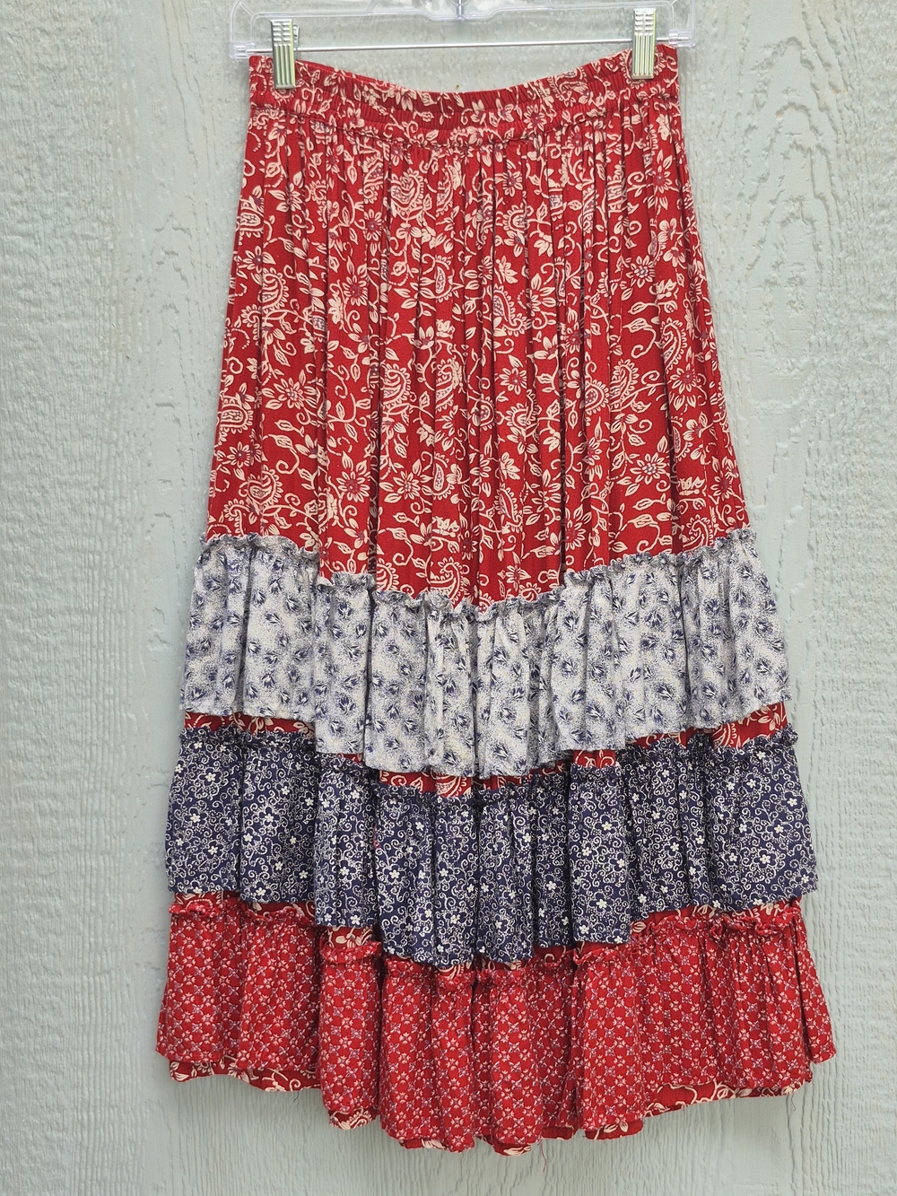 SUN RIVER Clothing Co Boho Floral Patchwork Tiered Midi Skirt Rayon Size M